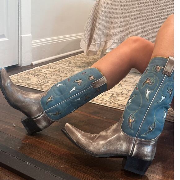 Frye Vintage Floral Blue Leather Pointed Tow Cowgirl Boots 8.5 - Picture 2 of 9